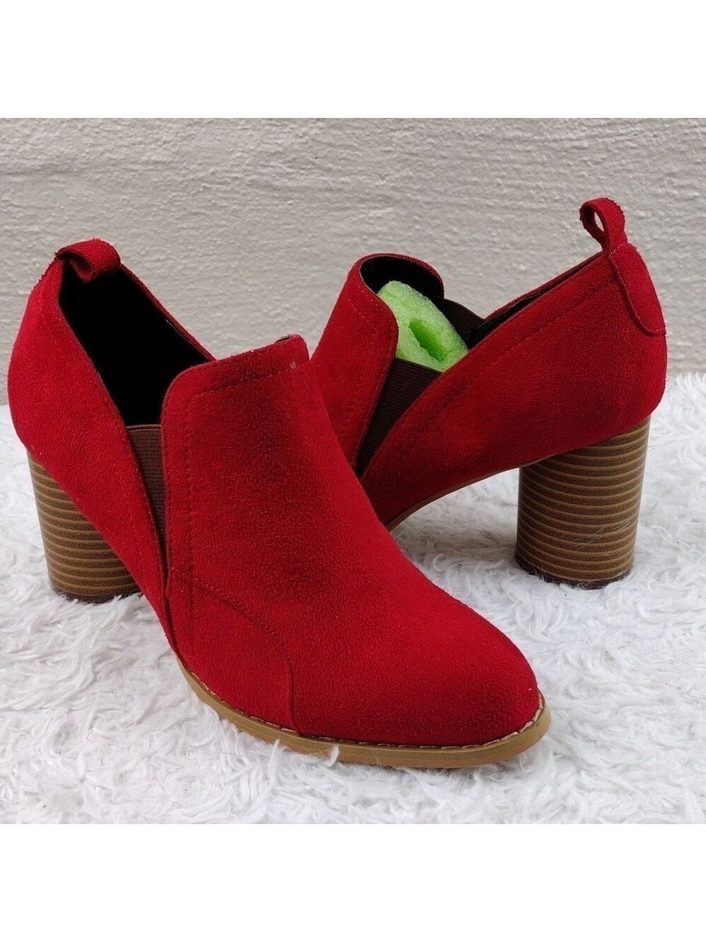 Joli Jolimall Red Faux Suede Almond Toe Round Stacked Heel Slip On Ankle Boot